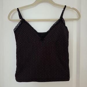 Brandy Melville Black Cami with Pink Heart Print & Lace Trim